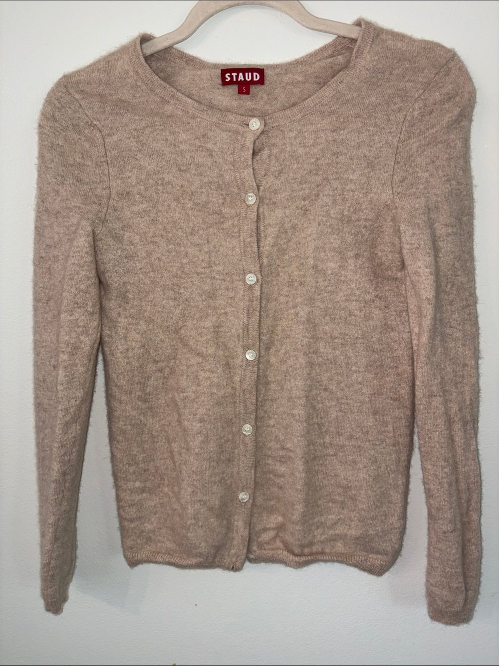 STAUD Soft Blush Crewneck Button Cashmere Cardigan